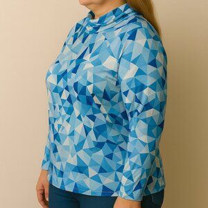 Women’s Blue Geometric Long Sleeve Cowl Neck Top – Activewear / Casual Pullover